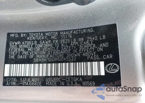 2017 Lexus Es 350 из США, поврежденный, VIN 58ABK1GGXHU045533